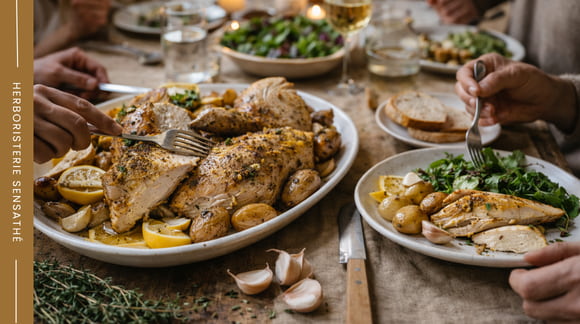 Rcette poulet rôti assaisonné au thym avec ail, citron et pommes de terre pour illustrer l’usage du thym en cuisine - Herboristerie Sensathé Rcette poulet rôti assaisonné au thym avec ail, citron et pommes de terre pour illustrer l’usage du thym en cuisine - Herboristerie Sensathé